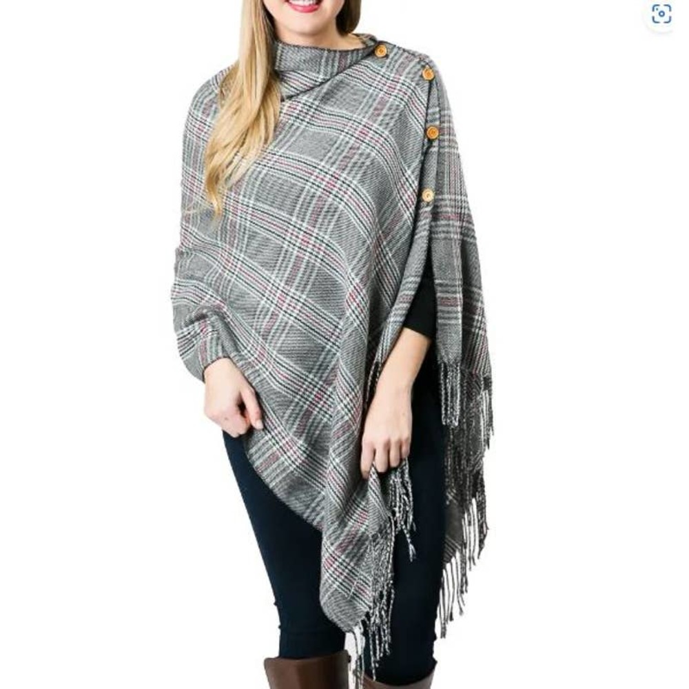 Glen Plaid Grey Button Fringe Poncho Shawl Scarf